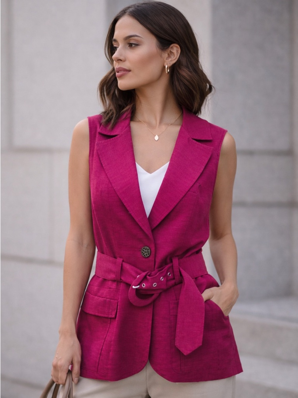 Vintage Inspired Fuchsia Belted Vest Blazer | Structured Chic Statement Piece